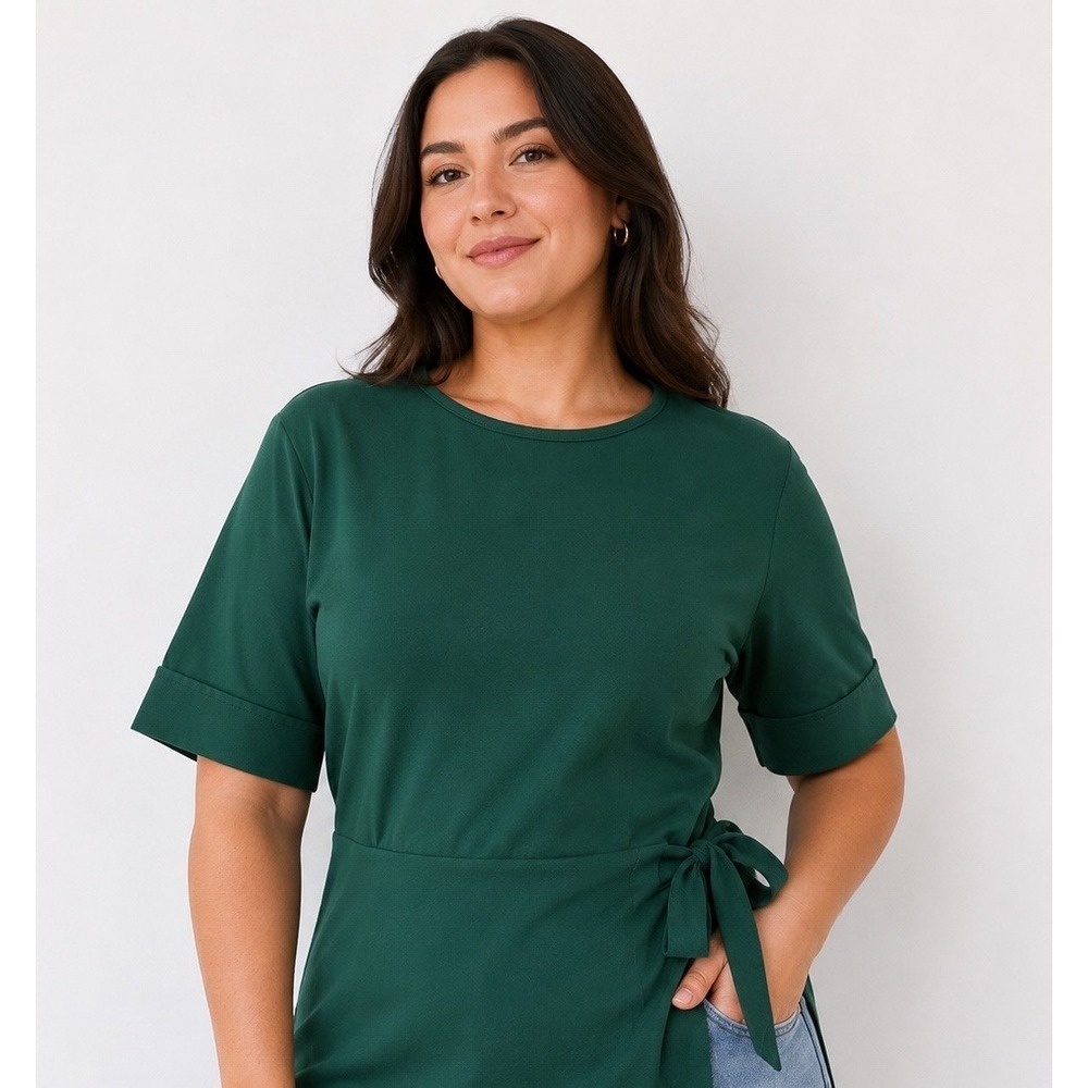 Betabrand‎ Forest green Peplum  Tie Faux Wrap Womens Top Size Large